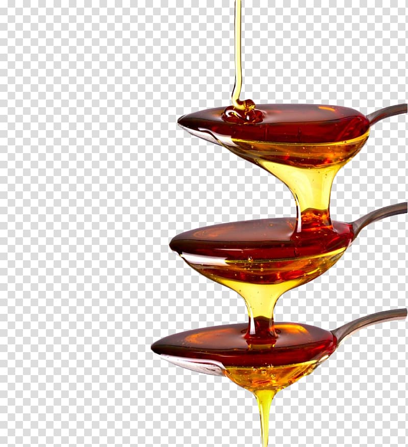 three spoon with brown syrups illustration, Juice Honey Food High-fructose corn syrup, Dripping honey transparent background PNG clipart