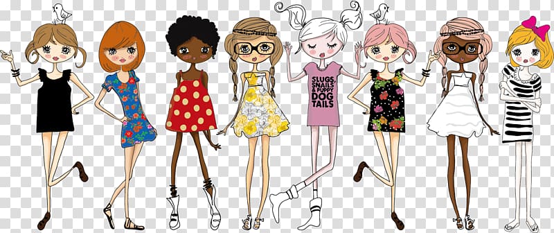 group of girls wearing dress illustration, Fashion illustration Cartoon Illustration, Fashion Cartoon Women transparent background PNG clipart