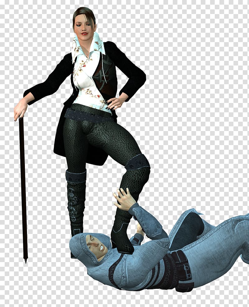 woman wearing white and black dress stepping on lying man, Woman Musketeer Foot on Knight transparent background PNG clipart