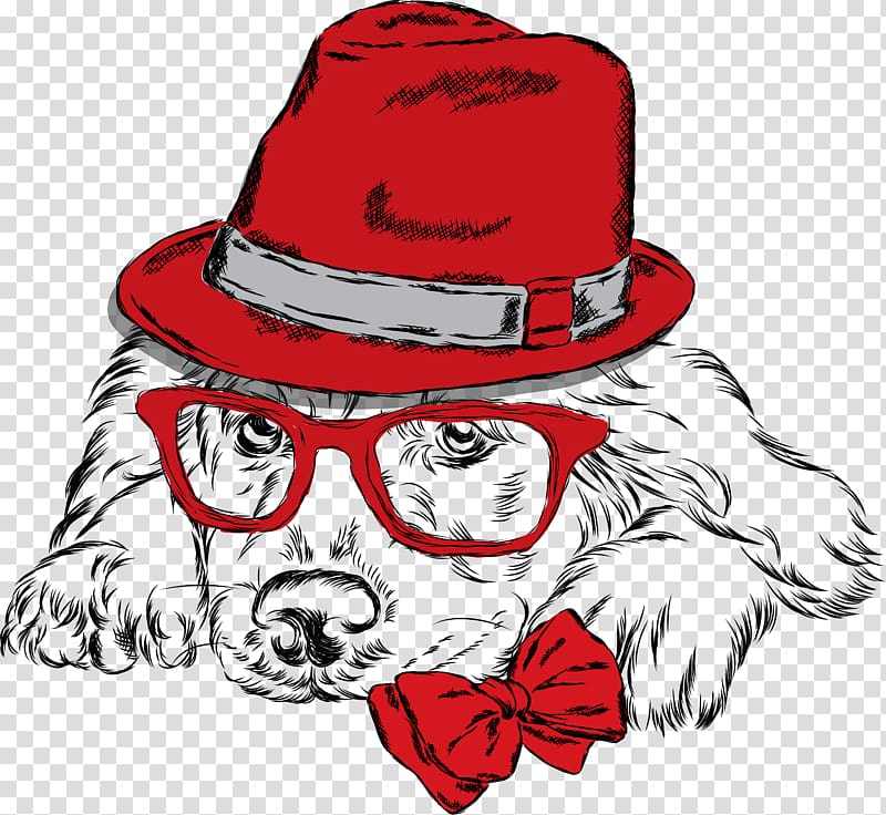 dog with red hat, bow and eyeglasses illustration, Sketch Animal material transparent background PNG clipart