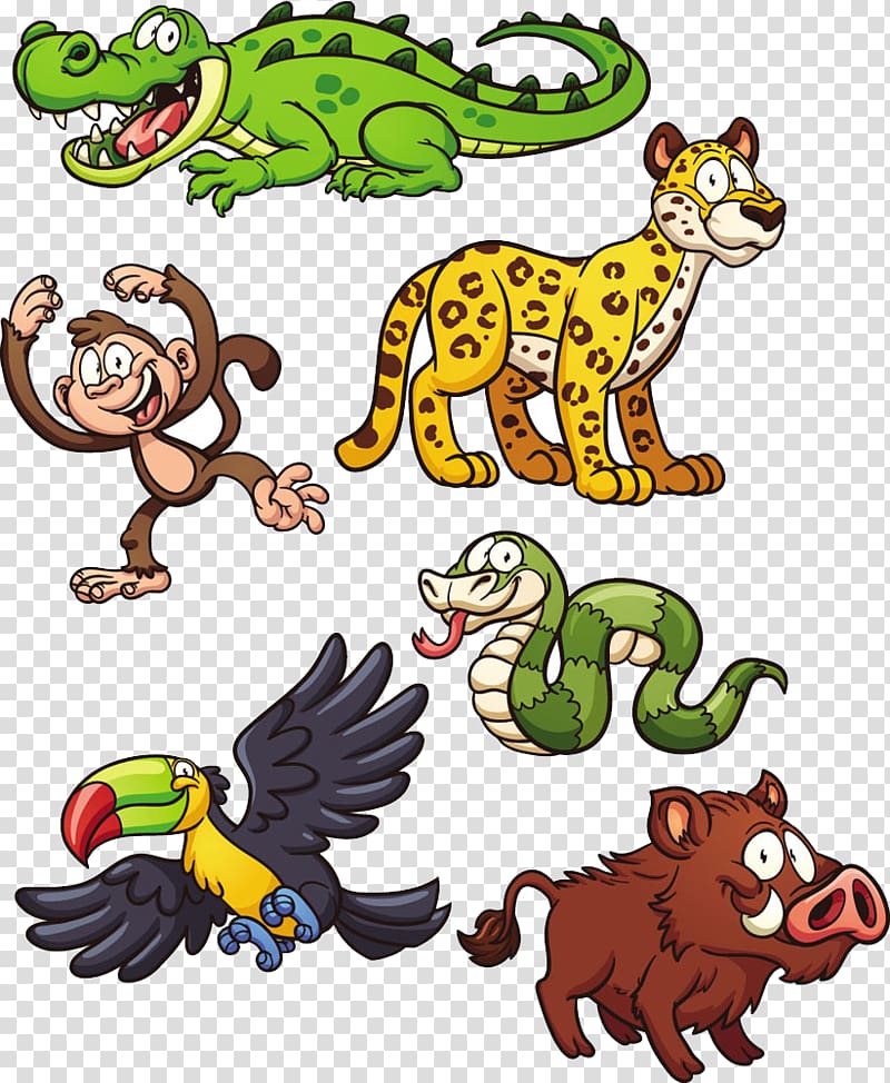assorted-color animals illustration, Jungle Animal Snake Jaguar , cartoon animals transparent background PNG clipart