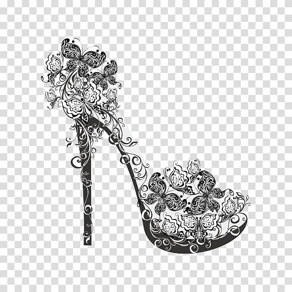 High-heeled footwear Shoe Flower Illustration, Personality pattern black and white high heels transparent background PNG clipart