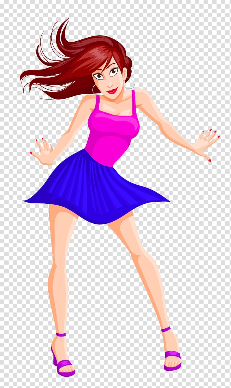 red-haired female cartoon character wearing pink tank top and blue skirt, Dance Cartoon Woman, Girl Dancing transparent background PNG clipart