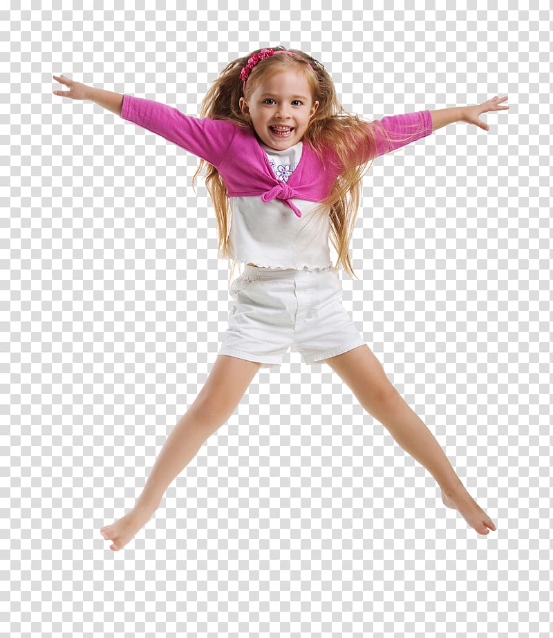 girl wearing white top and shorts, Child care Girl Jumping, Children transparent background PNG clipart
