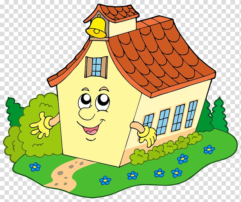 School Building Cartoon , The house villain in the grass transparent background PNG clipart