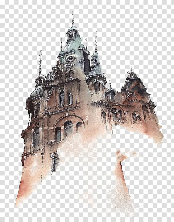 brown and green castle , Watercolor painting Architecture Artist, Watercolor Castle transparent background PNG clipart