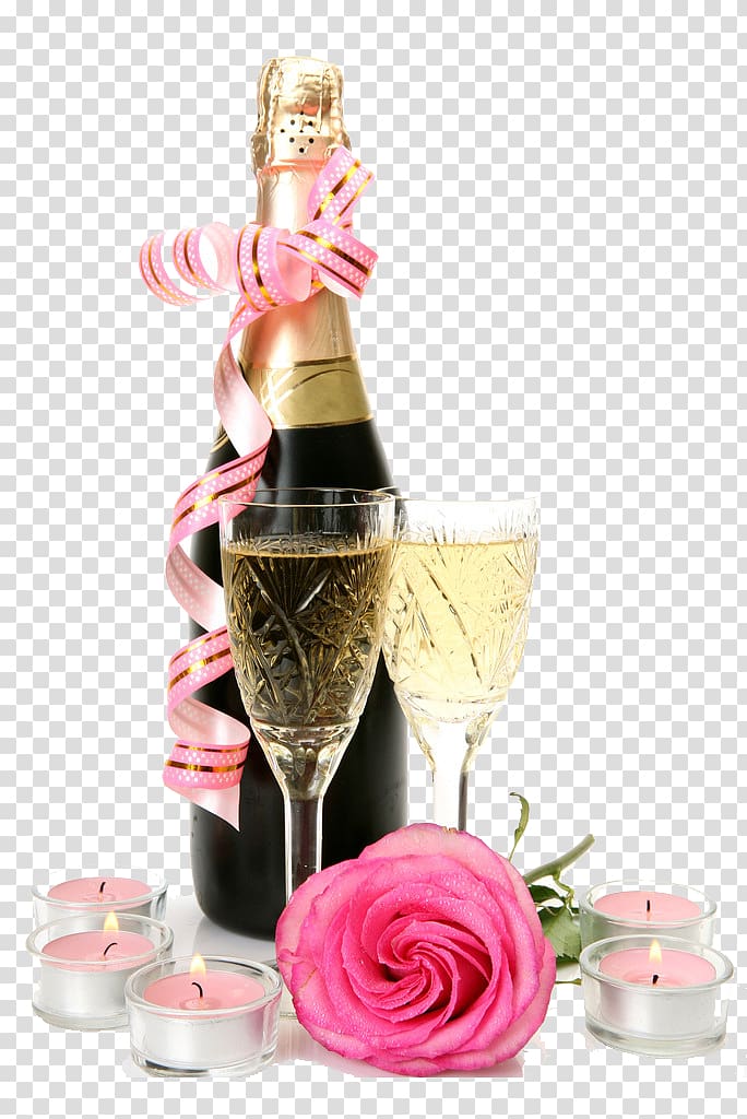 champagne bottle, two glasses, and five tealights, Birthday Wish Party Blahou017eelanie Flower bouquet, Wine Vineyard transparent background PNG clipart