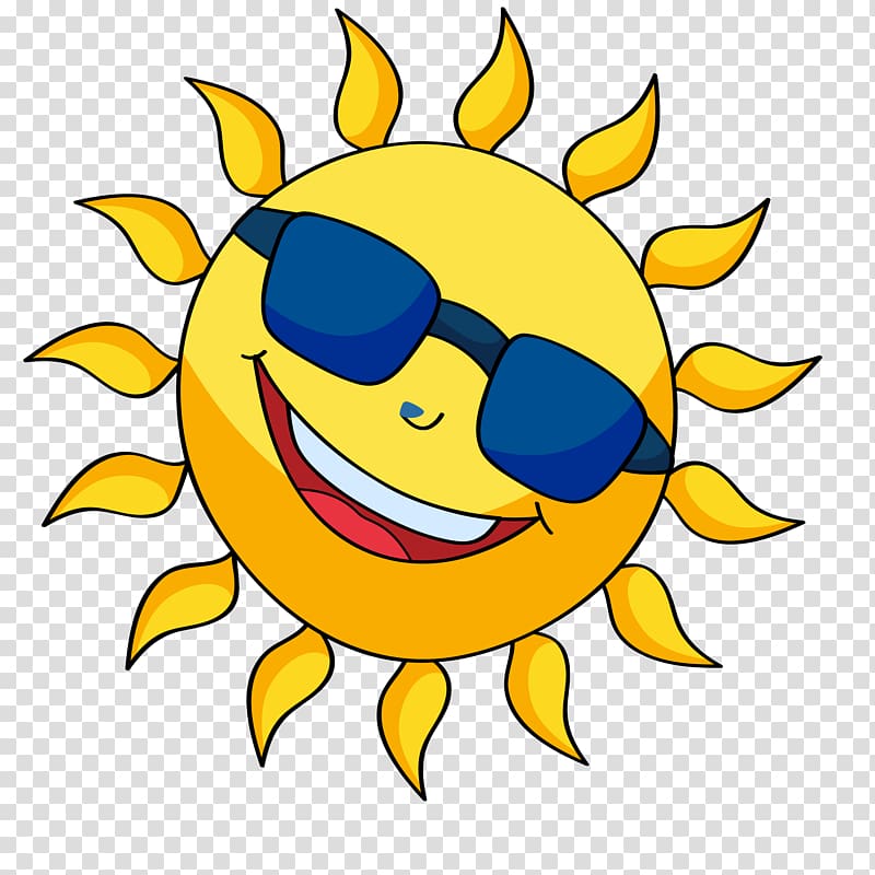 yellow sun with sunglasses illustration, Cartoon , Smiling cartoon sun transparent background PNG clipart