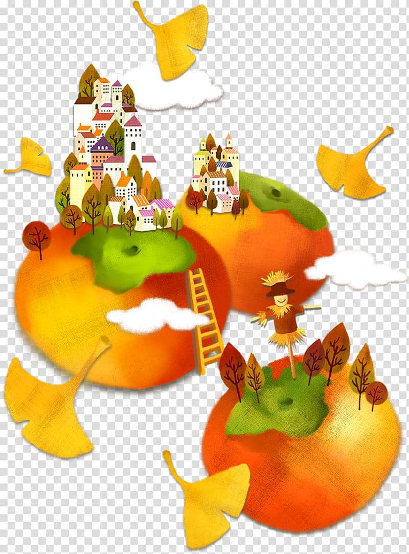 Autumn Ginkgo biloba Cartoon Illustration, Towns and persimmon Scarecrow on transparent background PNG clipart