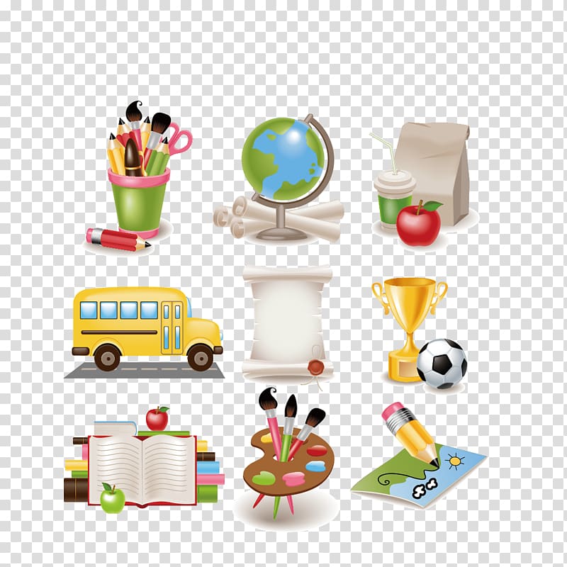 yellow bus illustration and trophy illustration, School supplies Cartoon , Creative school supplies transparent background PNG clipart