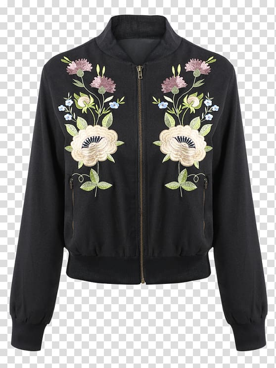 Flight jacket Denim Overcoat Zipper, Embroidery flower transparent background PNG clipart