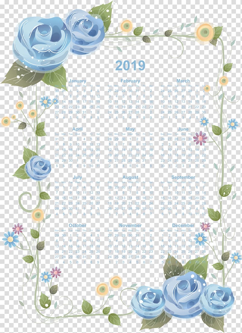 12 Month Calendar 2019 Printable with flower board, others transparent background PNG clipart