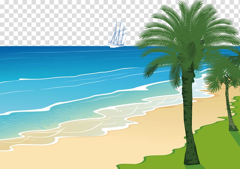 green tree illustration, Sunny Beach Cartoon , beach transparent background PNG clipart