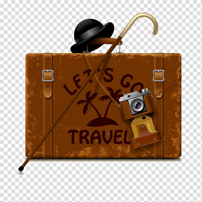 Suitcase Travel , Hat and camera on the box transparent background PNG clipart