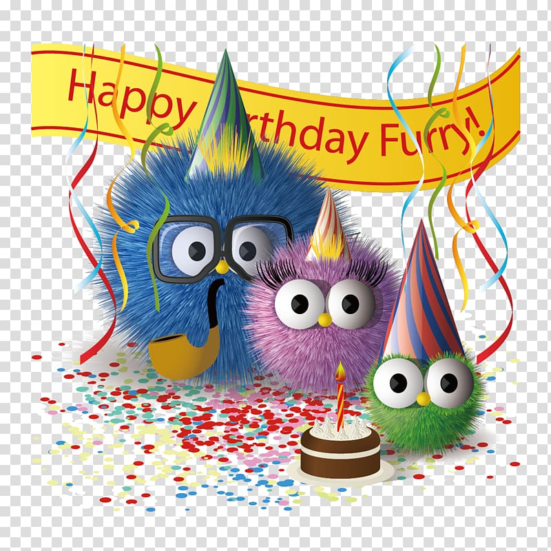 happy birthday furry buntings and three spiky monsters art, Wedding invitation Birthday cake Greeting card Postcard, Birthday Celebration transparent background PNG clipart