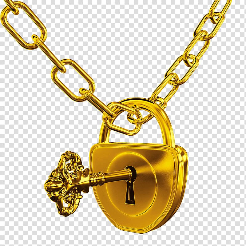 gold-colored chain necklace with padlock and key pendant , Keychain Lock Keychain Door, Golden Key transparent background PNG clipart