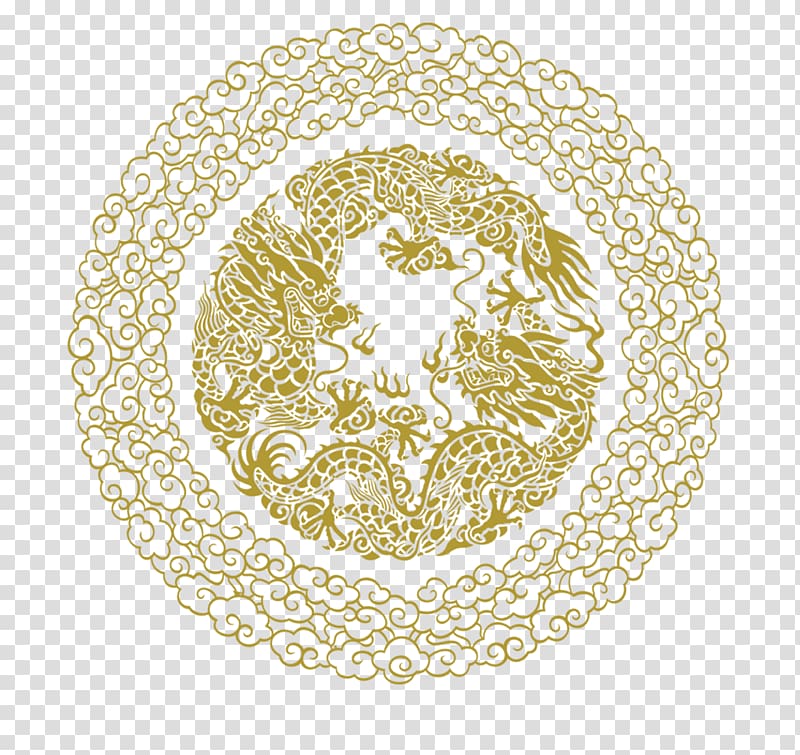 round yellow ornate dragon frame, China , Yun pattern transparent background PNG clipart