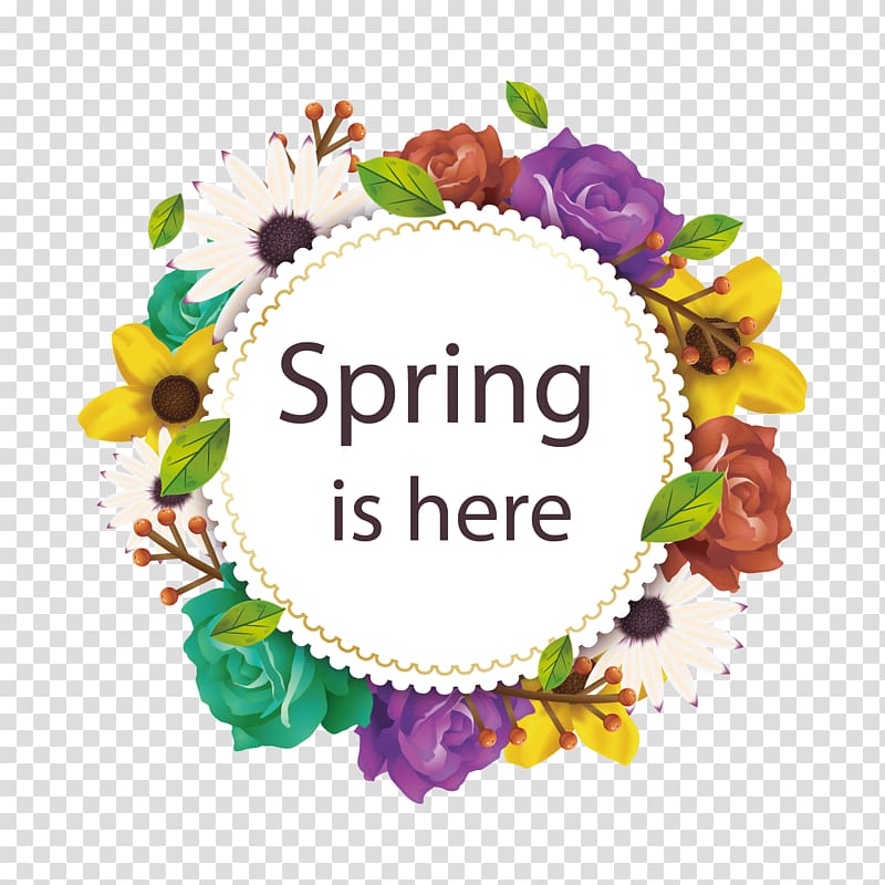 Spring is here text, flowers and leaves transparent background PNG clipart