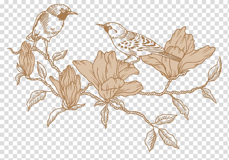 beige flowers illustration, Vintage line drawing bird,plant transparent background PNG clipart