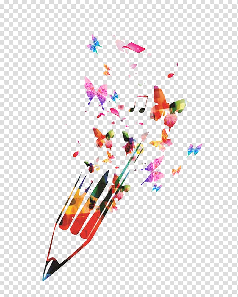 pencil and butterflies , Animation Calendar Love, Hand-painted color fantasy pencil wall painting transparent background PNG clipart
