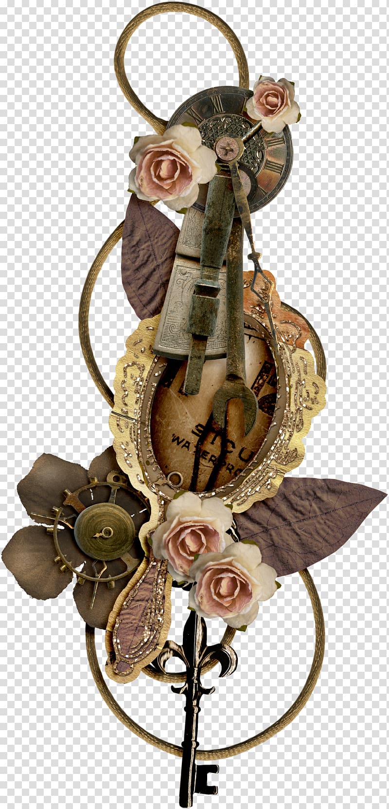 black skeleton key with flower and leaf hanging decor illustration, Animation, steampunk gear transparent background PNG clipart