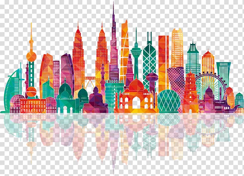 skyscrapers panoramic , Asia Map Illustration, Colorful city building silhouettes transparent background PNG clipart