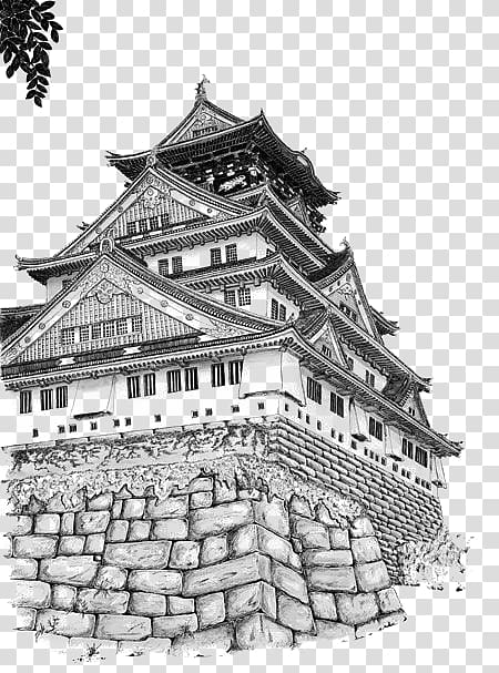 white building illustration, Osaka Castle Drawing Perspective Sketch, China Wind Building transparent background PNG clipart