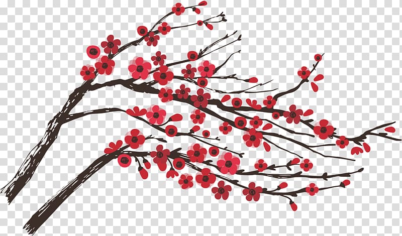 red petaled flowers illustration, Cherry branch transparent background PNG clipart