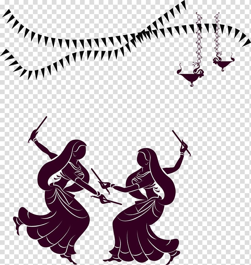 two woman silhouette illsutration, Garba Dandiya Raas Navaratri Dance, Purple ethnic dancers transparent background PNG clipart