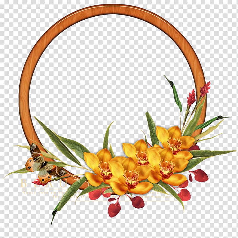 floral frame illustration, Flower , Round gold frame transparent background PNG clipart