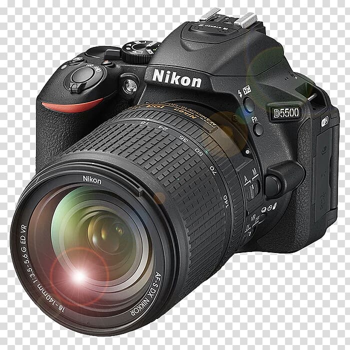 black Nikon D5500, AF-S DX Nikkor 18-140mm f/3.5-5.6G ED VR AF-S DX Nikkor 18-105mm f/3.5-5.6G ED VR Nikon AF-S DX Zoom-Nikkor 55-200mm f/4-5.6G Nikon AF-S DX Zoom-Nikkor 18-55mm f/3.5-5.6G Digital SLR, camera transparent background PNG clipart