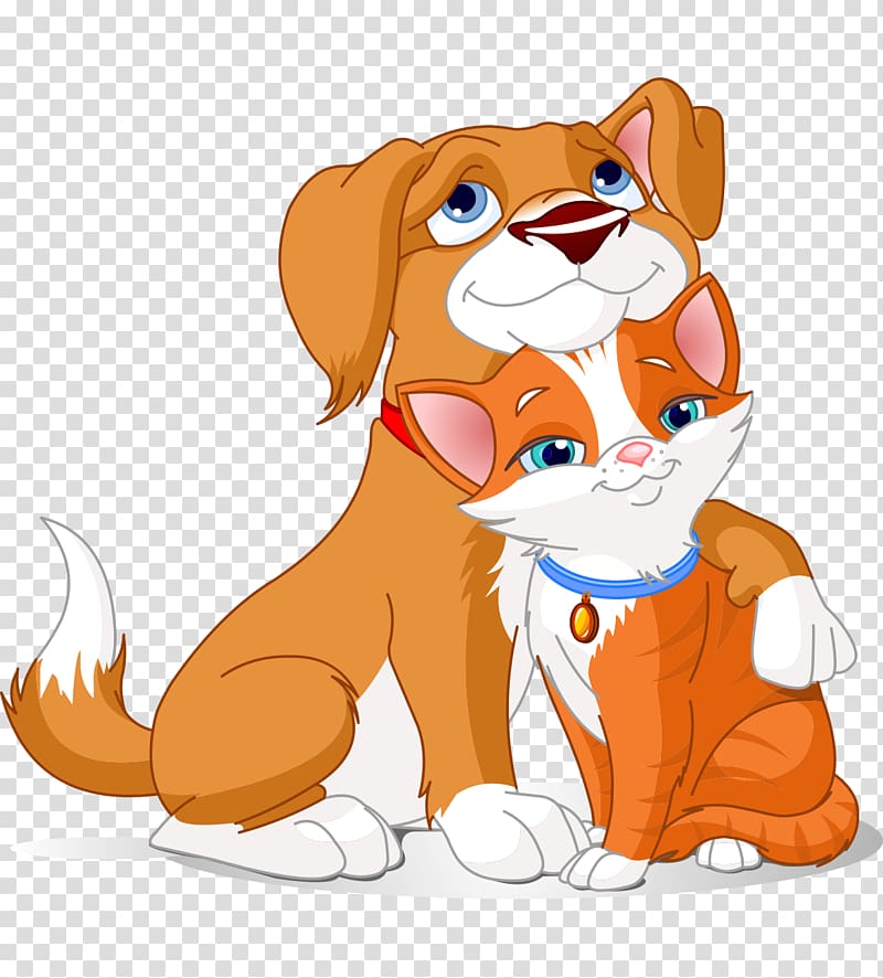 two brown and white dog and orange and white cat , Dog–cat relationship Dog–cat relationship , Hand-painted cartoon cat and dog hug transparent background PNG clipart