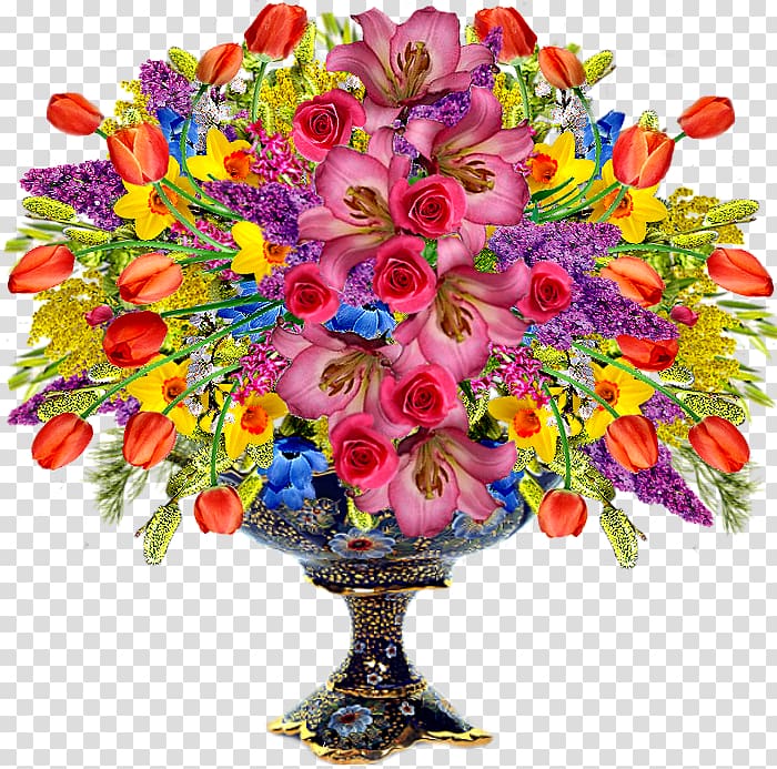assorted flowers, Birthday Greeting card Holiday New Year Gift, Prosperous flower vase transparent background PNG clipart