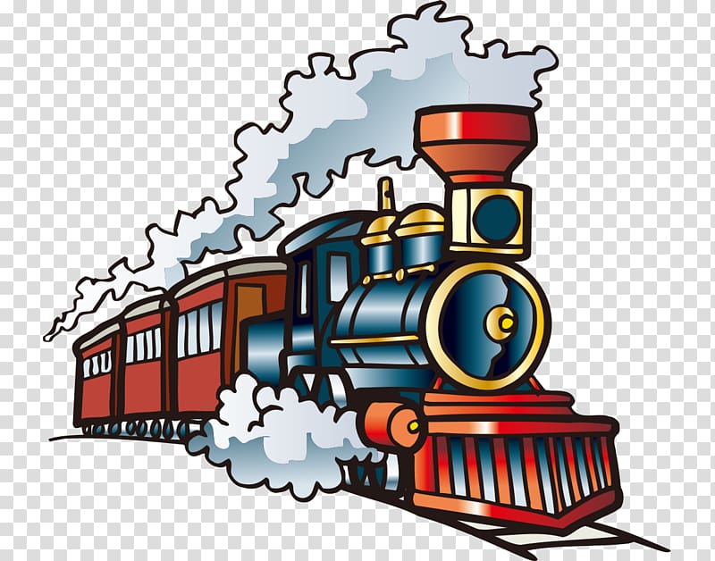 red, blue, and yellow locomotive train illustration, Train Hay Springs High School , Hand-painted with cartoon steam train transparent background PNG clipart