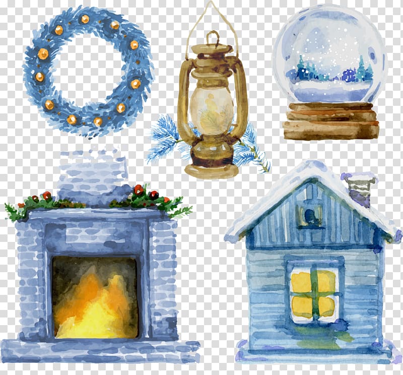 fireplace and kerosene lamp illustration, Fancy Dress Christmas, Christmas houses with oil lamps transparent background PNG clipart