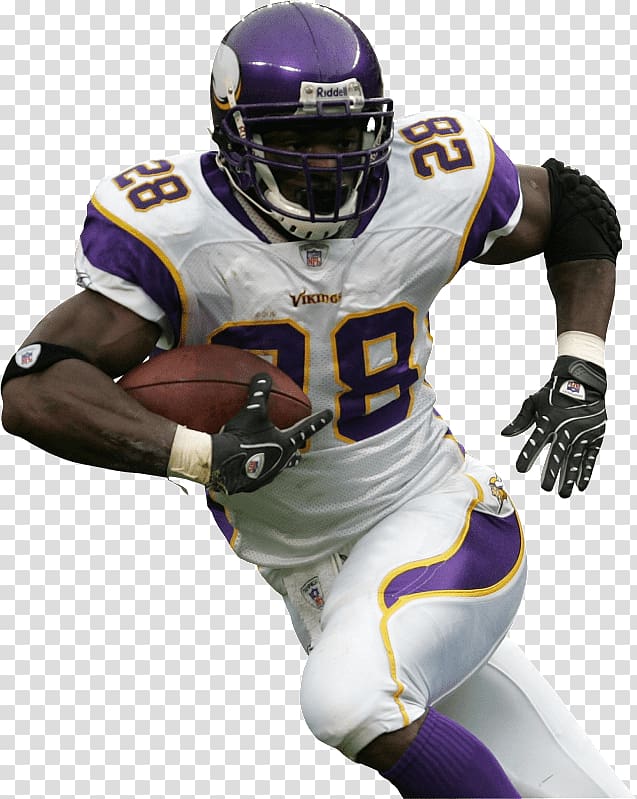 football player wearing purple and white Vikings jersey, Adrian Peterson 28 transparent background PNG clipart