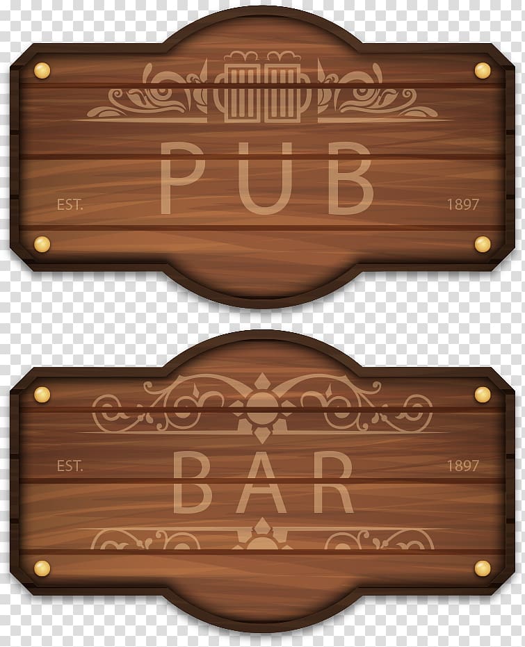 two brown PUB and BAR signages, Pub Wood Bar , wooden signs transparent background PNG clipart