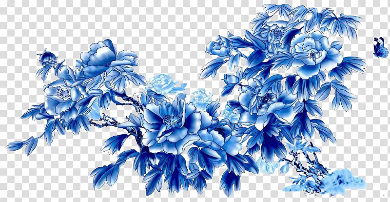 blue flowers illustration, Jingdezhen Blue and white pottery , Chinese style Chrysanthemum transparent background PNG clipart