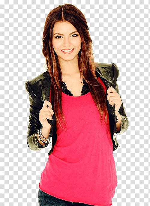 woman wearing black leather jacket, Victoria Justice Looking transparent background PNG clipart