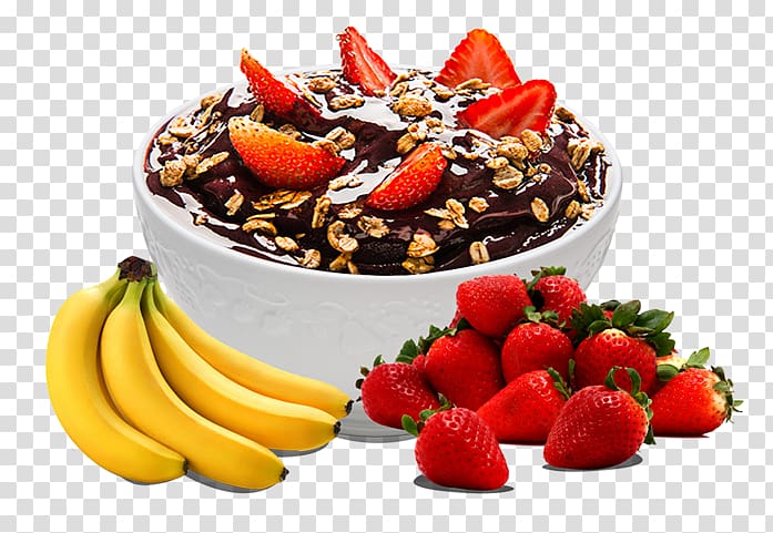 chocolate topped with nuts and slices of strawberries in round white ceramic bowl, Açaí na tigela Ice cream Açaí palm Restaurant Brazilian cuisine, cardapio transparent background PNG clipart