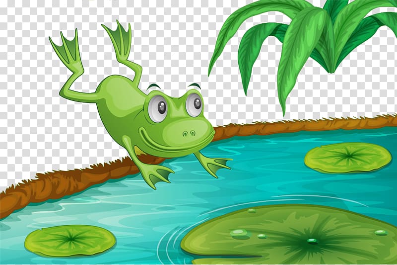 green frog jumps toward water with lily pod illustration, Frog Cartoon, Frog in the lotus pond transparent background PNG clipart