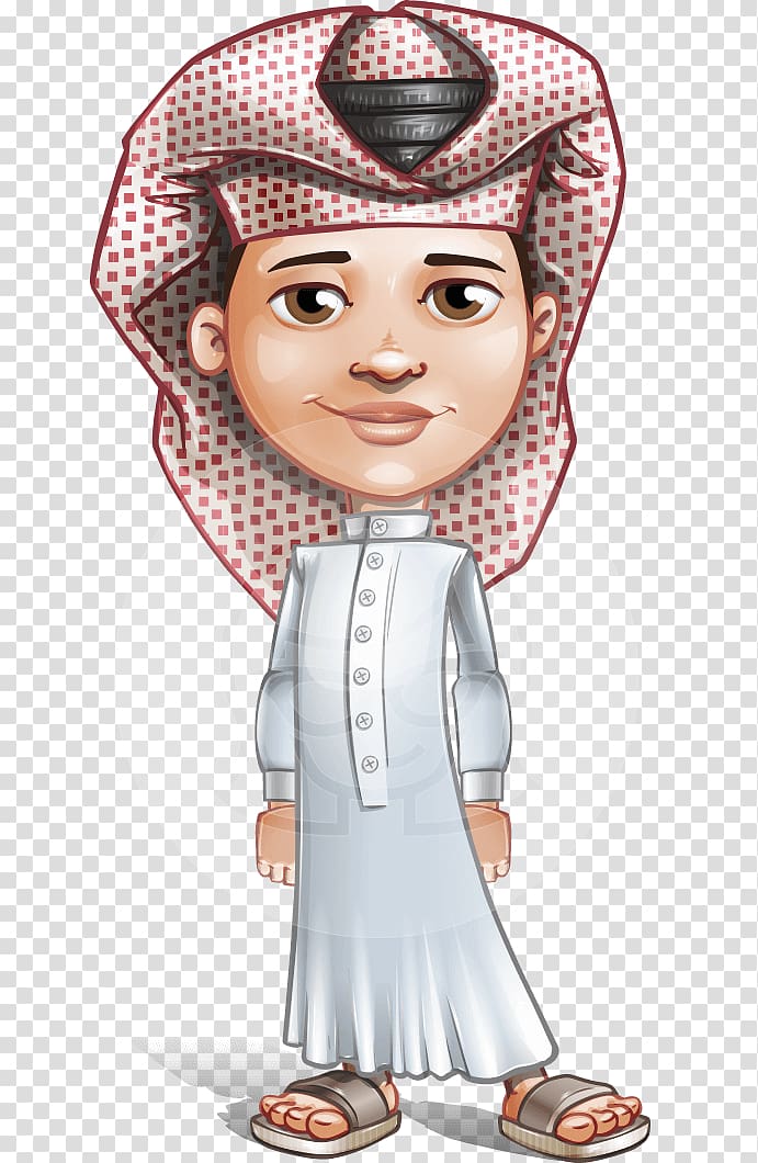 man wearing keffeyih and white thobe , Cartoon Child Muslim Male Islam, arabic transparent background PNG clipart