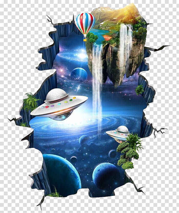 UFO, waterfalls and planets illustration, Three-dimensional space Euclidean , Beautiful three-dimensional space to paste transparent background PNG clipart