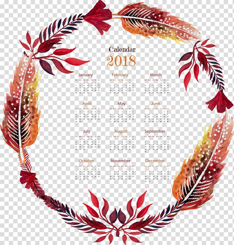 Red watercolor feather calendar template transparent background PNG clipart