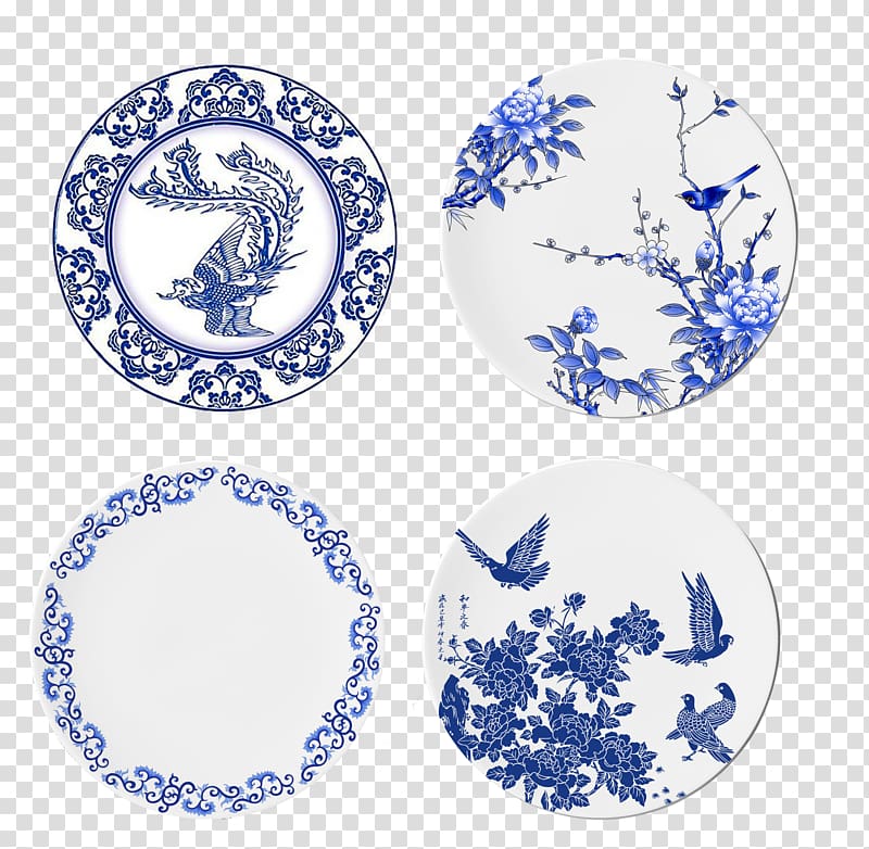 Blue and white pottery Tableware Chinoiserie, Chinese style blue and white porcelain plate transparent background PNG clipart