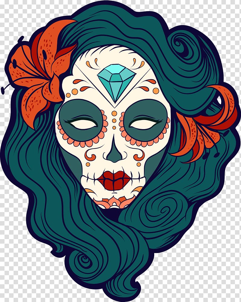 green, white, and orange La Muerte , United States Calavera Day of the Dead Sticker Decal, Safflower skull makeup transparent background PNG clipart