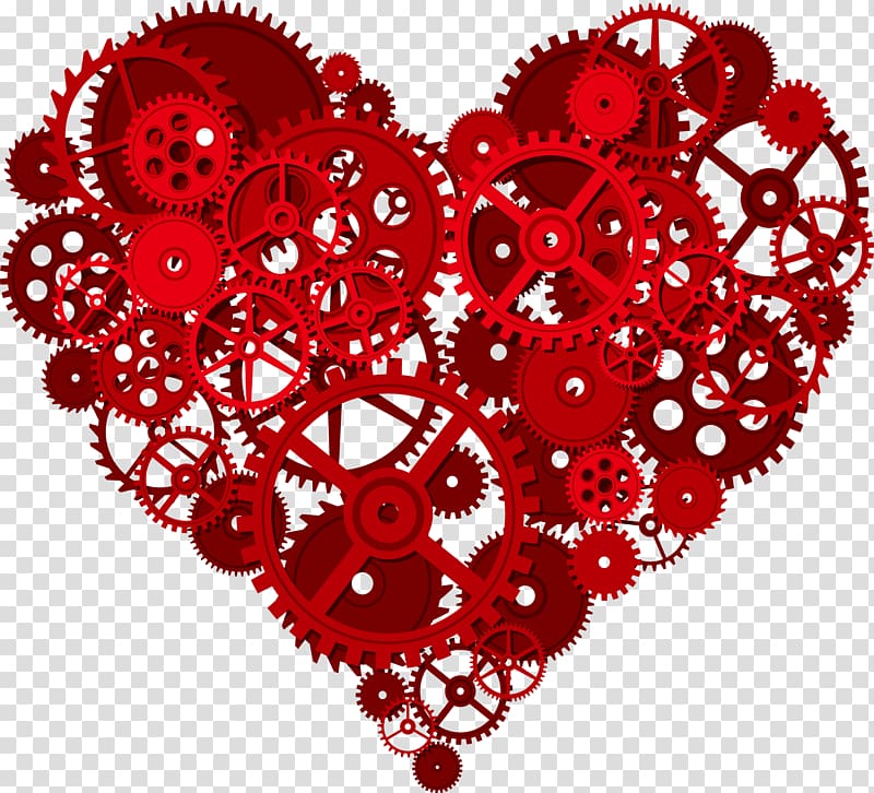 red heart sprocket , Gear Heart T-shirt Cardiovascular disease Gold, Creative Gear Heart transparent background PNG clipart