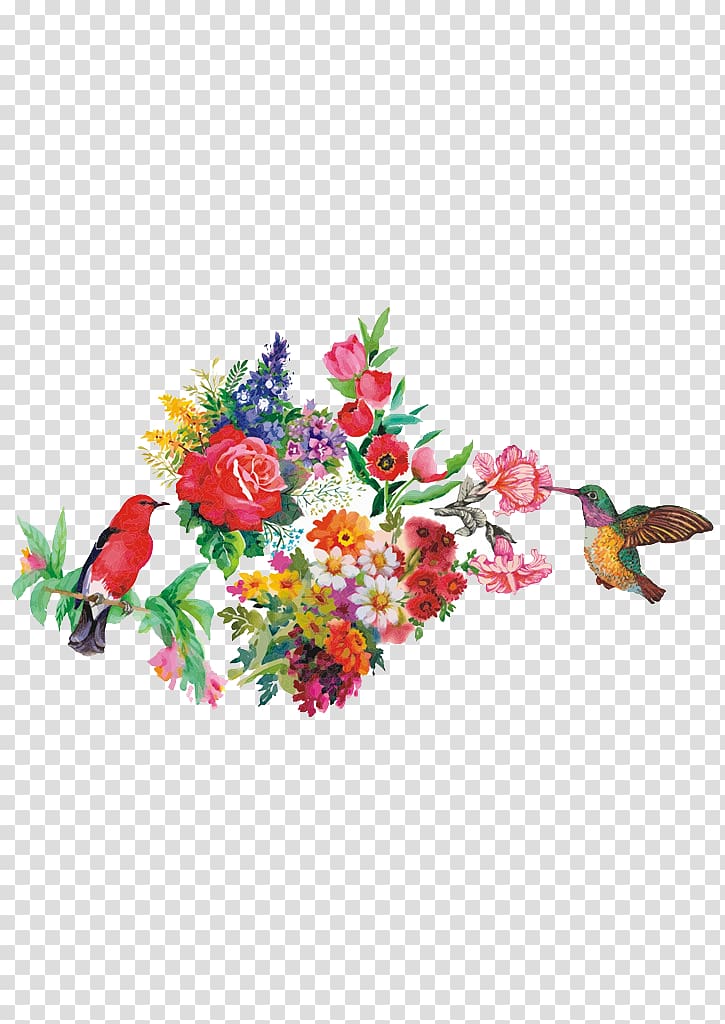 two brown and red birds with flowers , Floral design Watercolor painting Drawing Illustration, Watercolor flowers transparent background PNG clipart