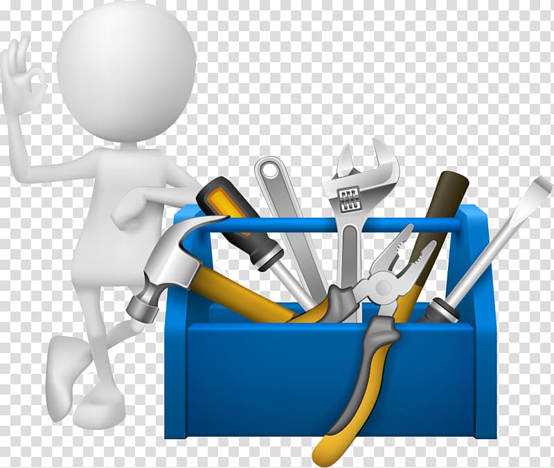 person leaning toolbox with tools , Tool 3D computer graphics Illustration, Toolbox and villain transparent background PNG clipart