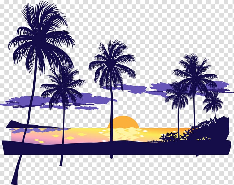 coconut tree illustrations, Sunset Beach Icon, Beach sunset dusk transparent background PNG clipart